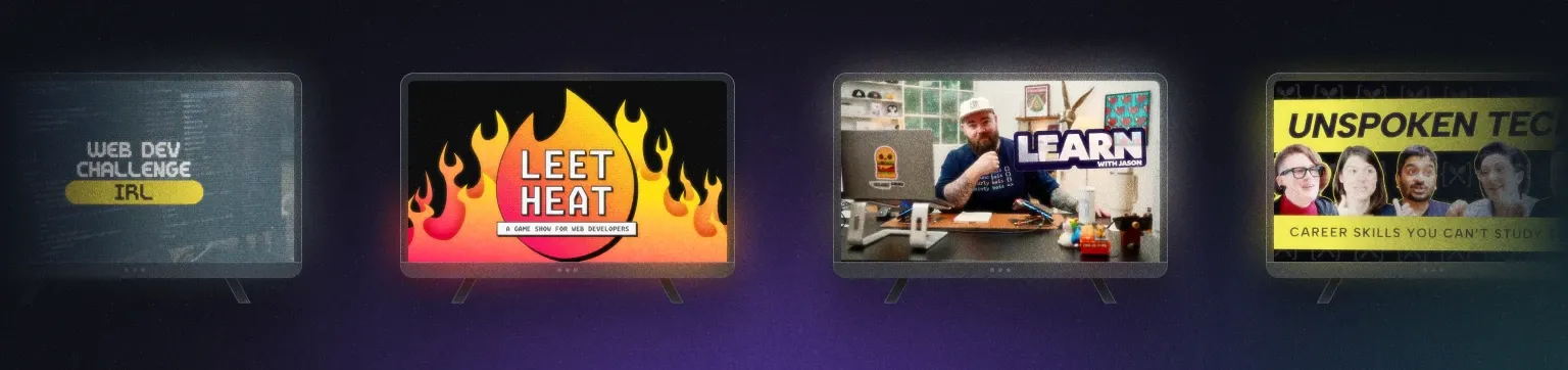 Four TV screens featuring CodeTV shows: Web Dev Challenge, Leet Heat, Learn With Jason, and Unspoken Tech.